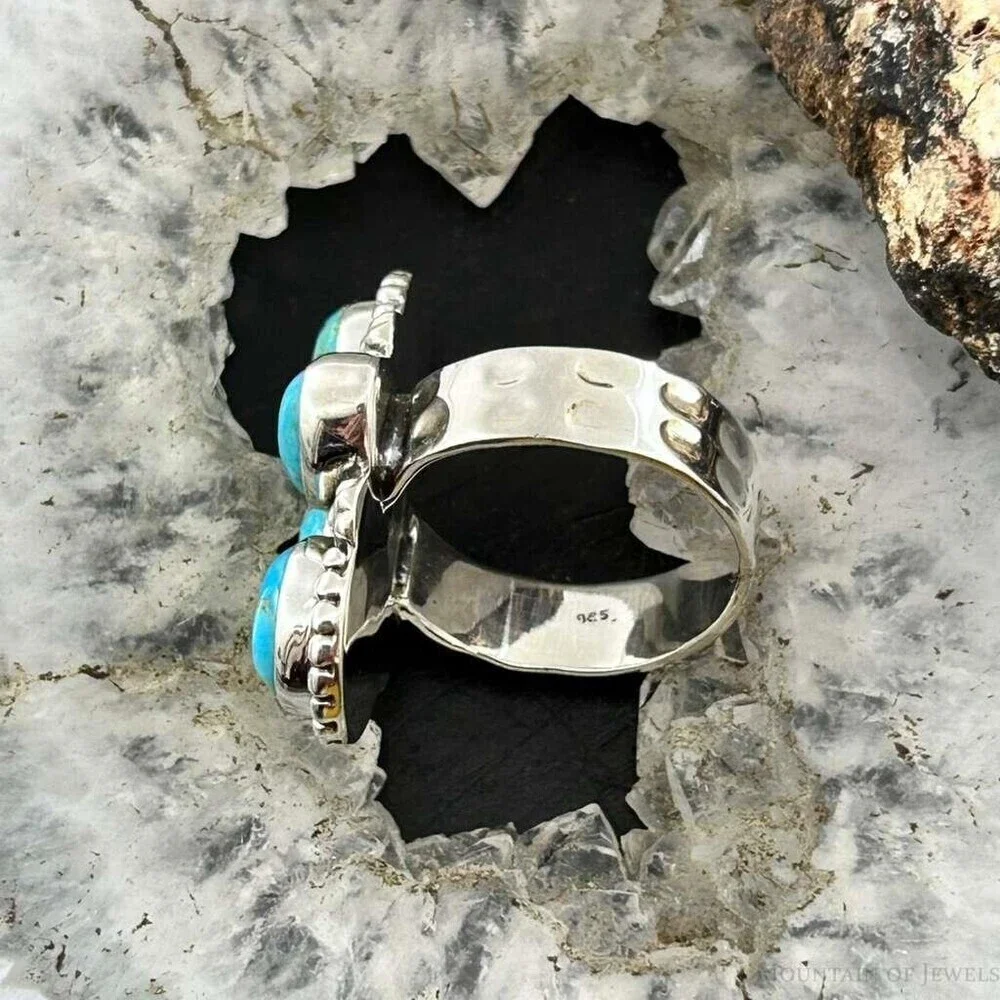 Sterling Southwestern Style Mohave Turquoise Cluster Ring Size 6.75 For Women